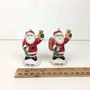 2 Vtg 1995 CVS‎ Santa w Bear Christmas Holiday Ornaments Ceramic Collectible